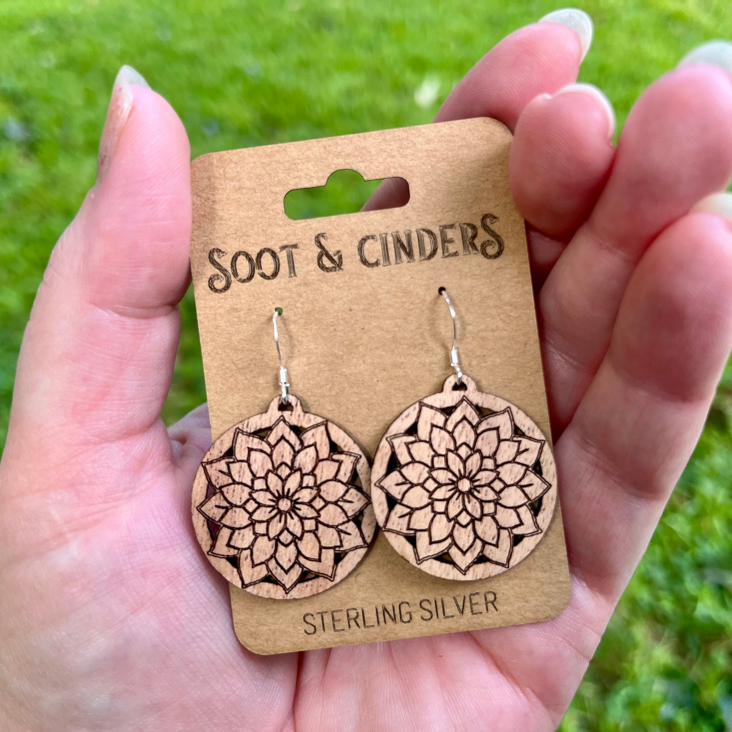 Stylized Flower in Circle | Cherry Wood Sterling Silver Earrings