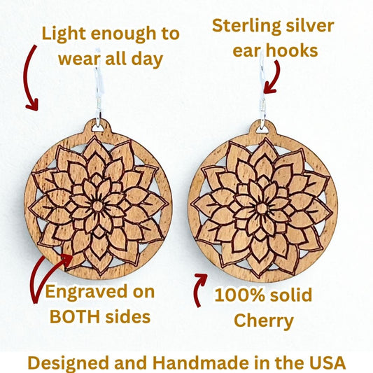 Infographic showing the details of wooden mandala earrings, listing that they are lightweight, made with sterling silver hooks, engraved on both sides, and made in the USA.
