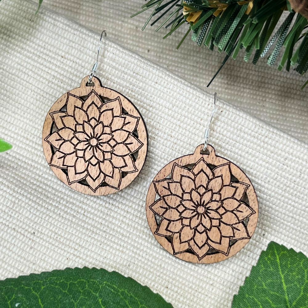 Stylized Flower in Circle | Cherry Wood Sterling Silver Earrings
