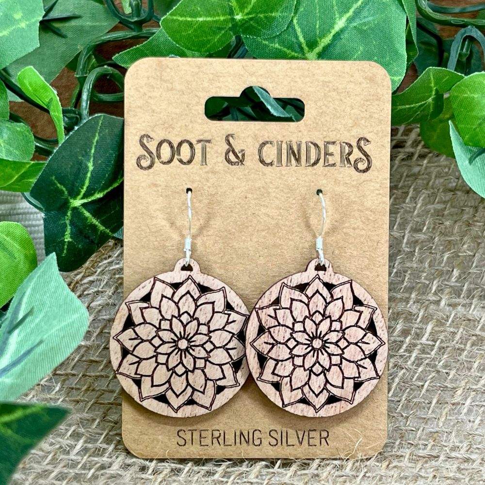 Stylized Flower in Circle | Cherry Wood Sterling Silver Earrings