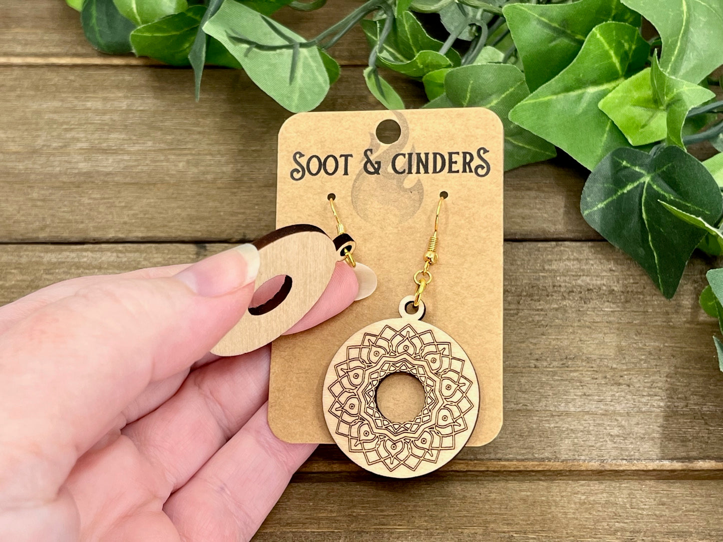 Filigree Donut Laser Engraved Wood Earrings