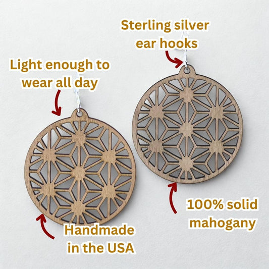infographic showing the details and features of the “Star Gazing” mahogany and recycled sterling silver earrings