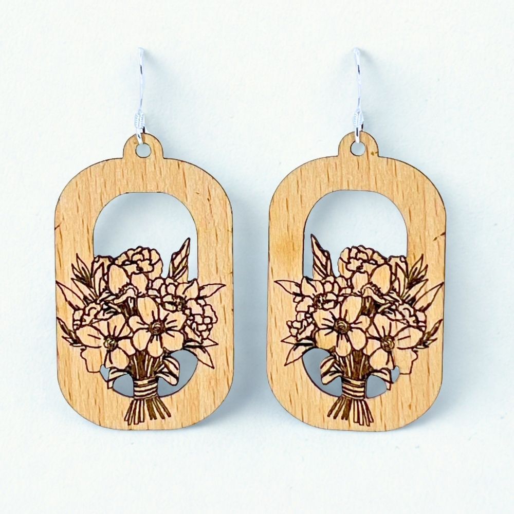 Floral Bouquet in Rounded Rectangle Beech Wood Sterling Silver Earrings