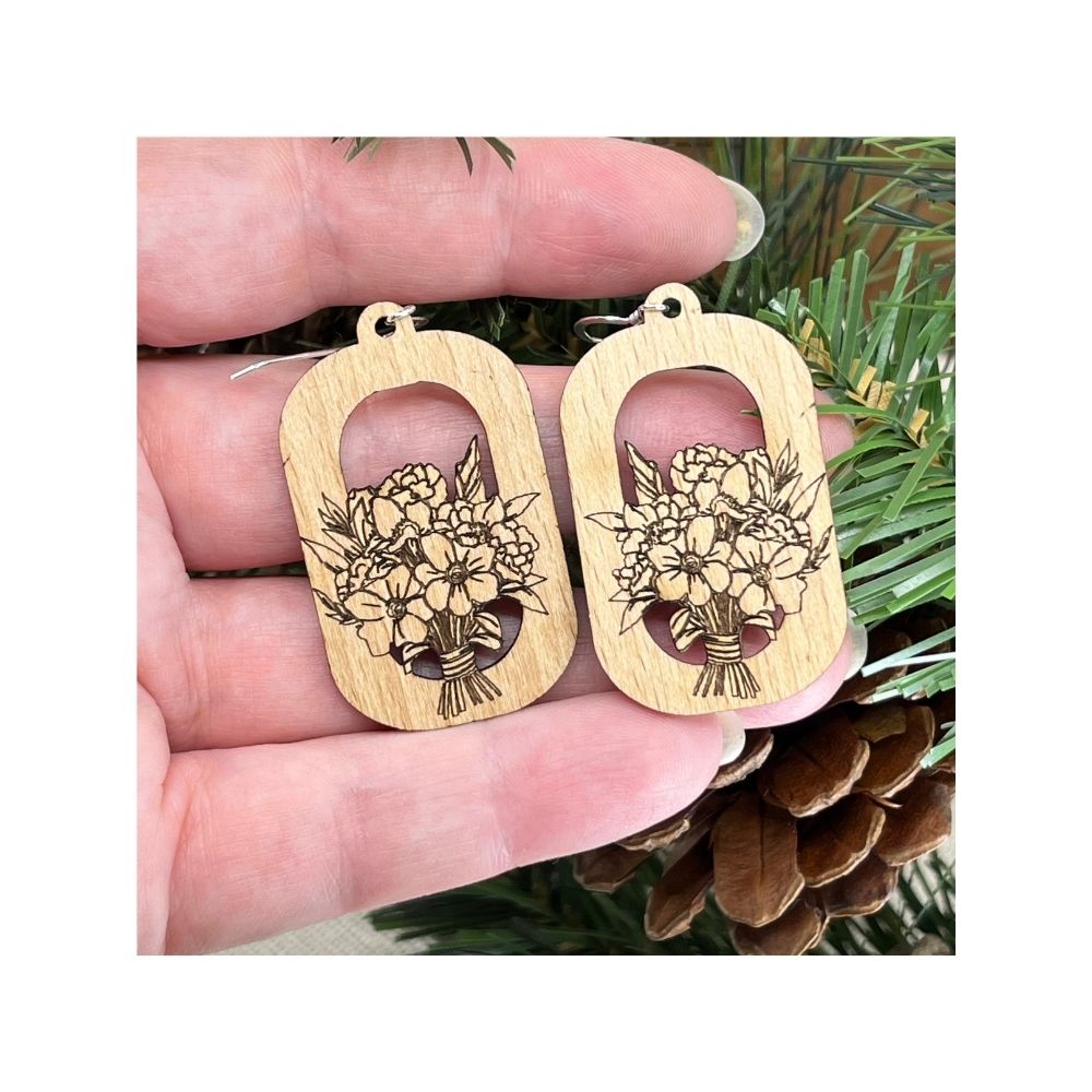 Floral Bouquet in Rounded Rectangle Beech Wood Sterling Silver Earrings