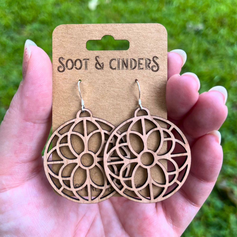 Geometric Flower Pattern Cutout | Walnut Wood Sterling Silver Earrings