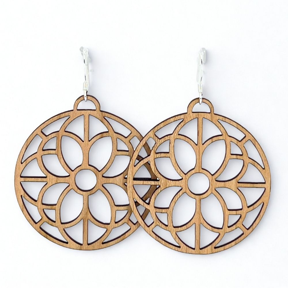Geometric Flower Pattern Cutout | Walnut Wood Sterling Silver Earrings