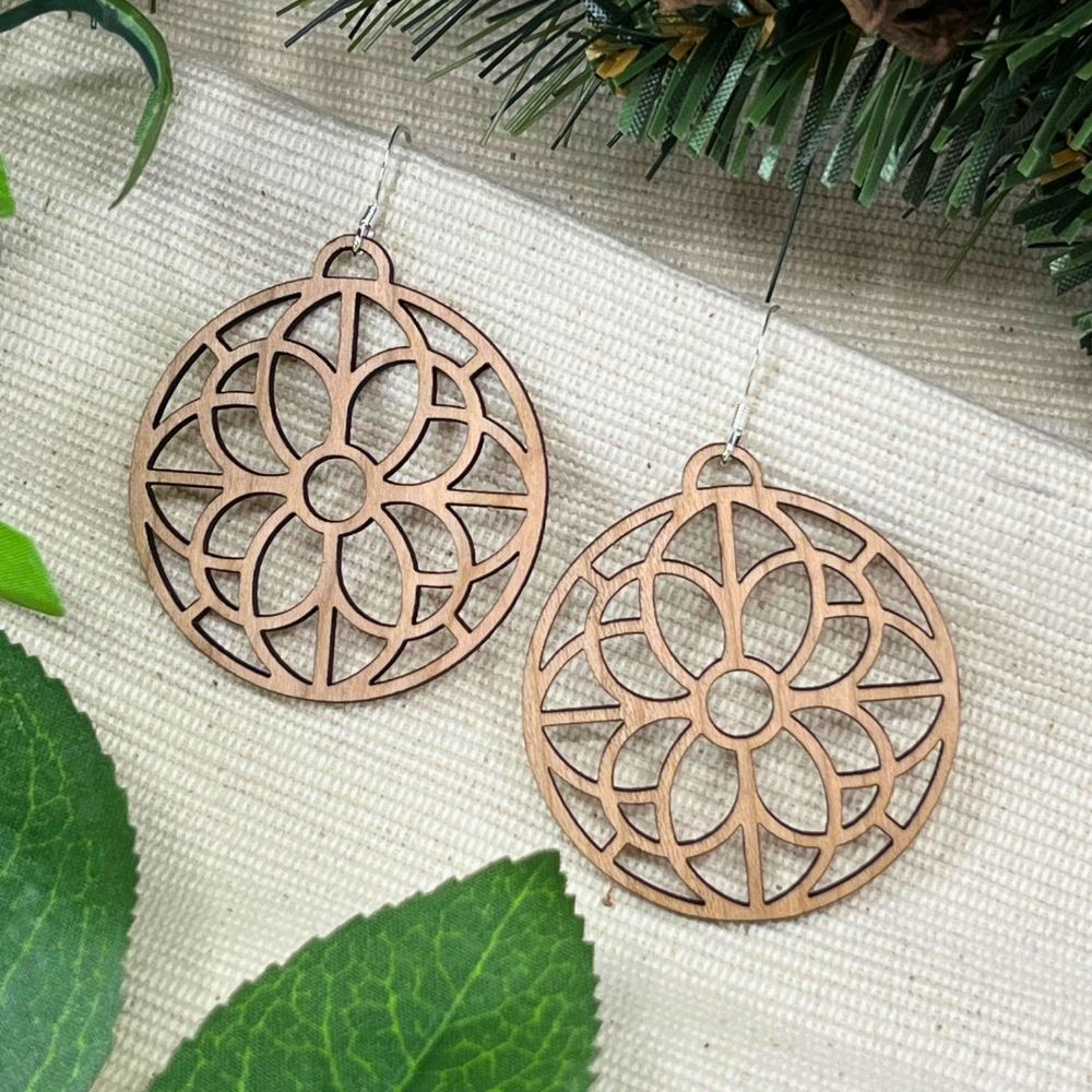 Geometric Flower Pattern Cutout | Walnut Wood Sterling Silver Earrings