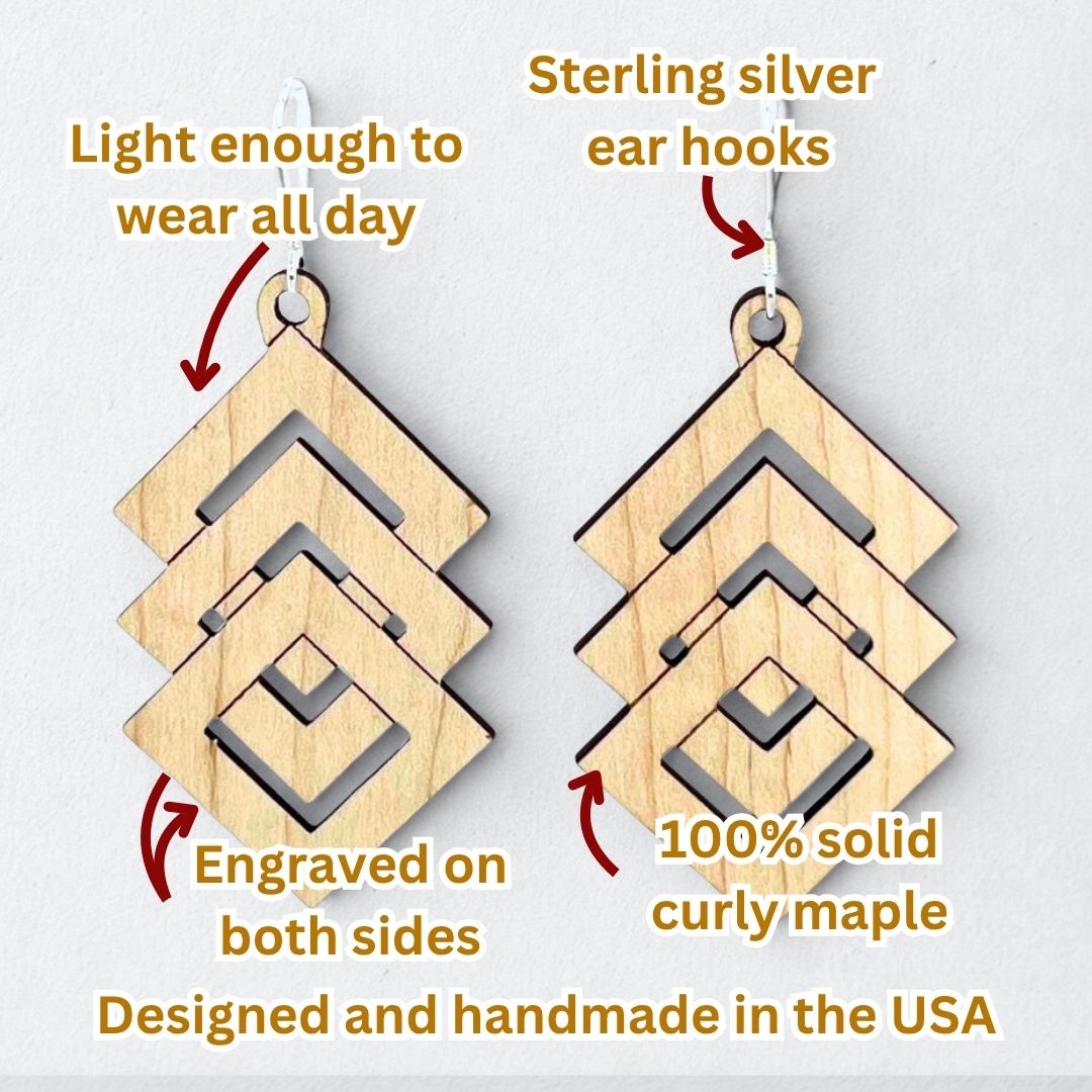 Descending Diamonds | Curly Maple Wood Sterling Silver Earrings