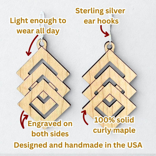 Infographic showing curly maple wood and recycled sterling silver earrings with engraved design and text highlighting its features on a white background.