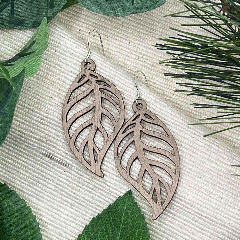 Leaf Cutout Pattern | Mahogany Wood Sterling Silver Earrings