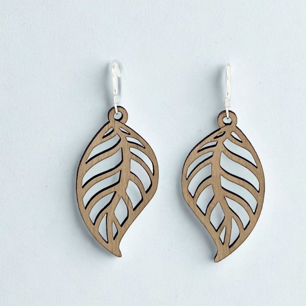 Leaf Cutout Pattern | Mahogany Wood Sterling Silver Earrings