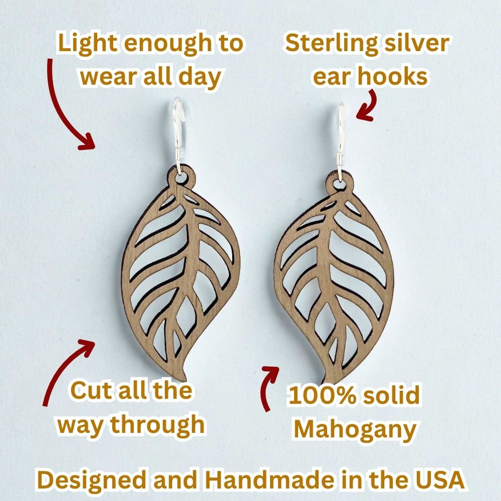 Leaf Cutout Pattern | Mahogany Wood Sterling Silver Earrings