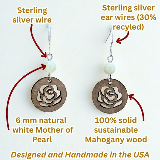 Pearl in the Garden (Mahogany, White Mother of Pearl, and Recycled Sterling Silver Earrings)