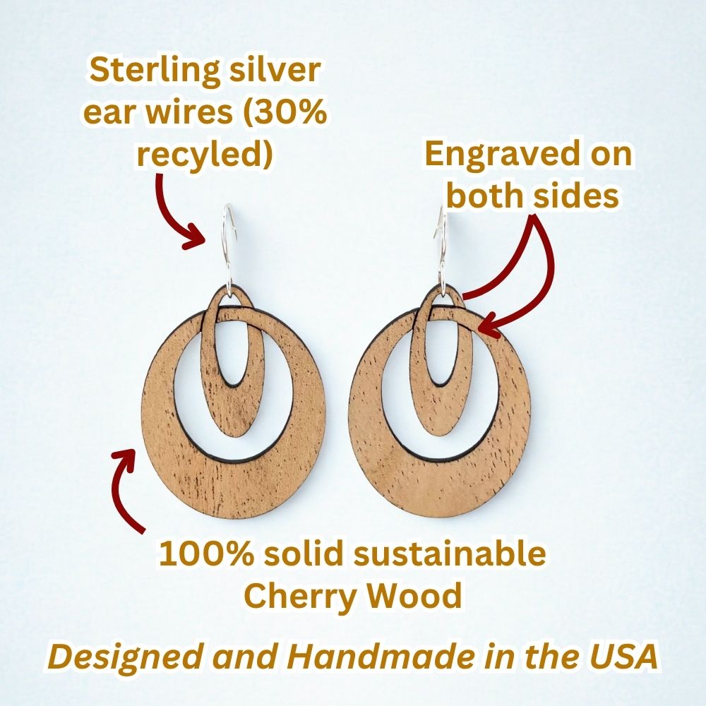 Infographic pointing out the features of a pair of oval wooden earrings, including that they are made of recycled sterling silver and cherry wood, engraved on both sides, and designed and handmade in the USA