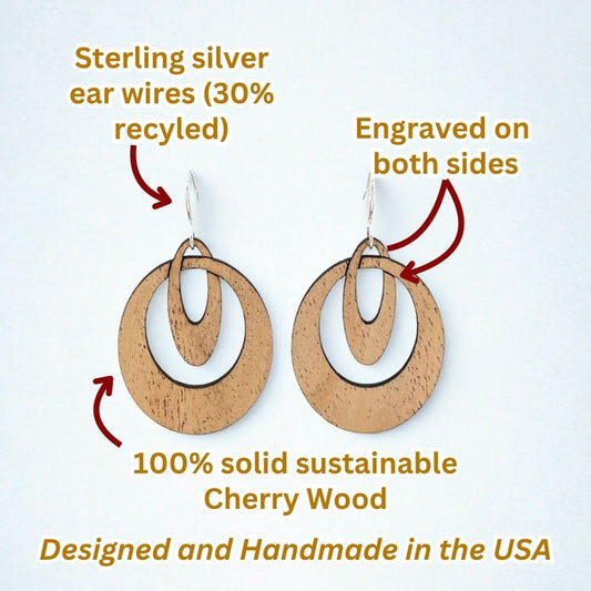 Infographic pointing out the features of a pair of oval wooden earrings, including that they are made of recycled sterling silver and cherry wood, engraved on both sides, and designed and handmade in the USA