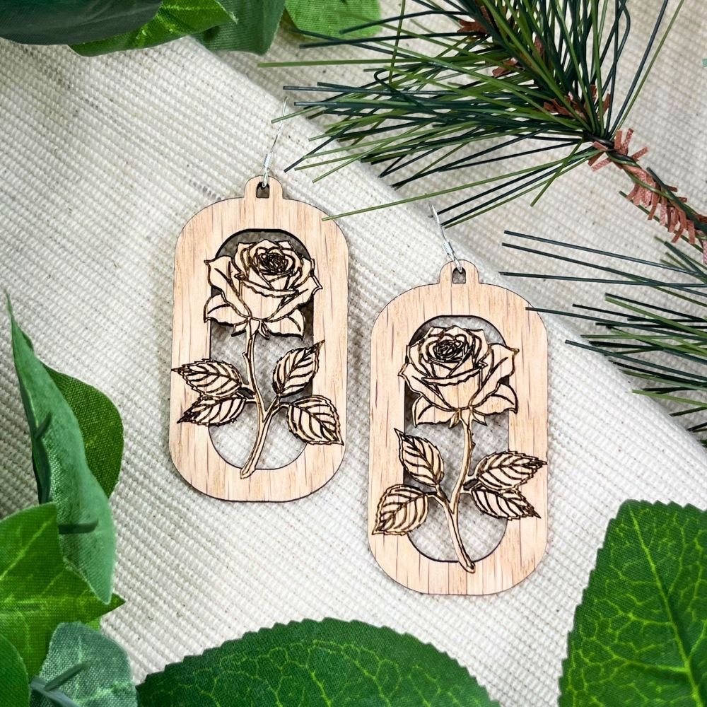 Rose Floating above Rectangular Frame | Red Oak Wood Sterling Silver Earrings