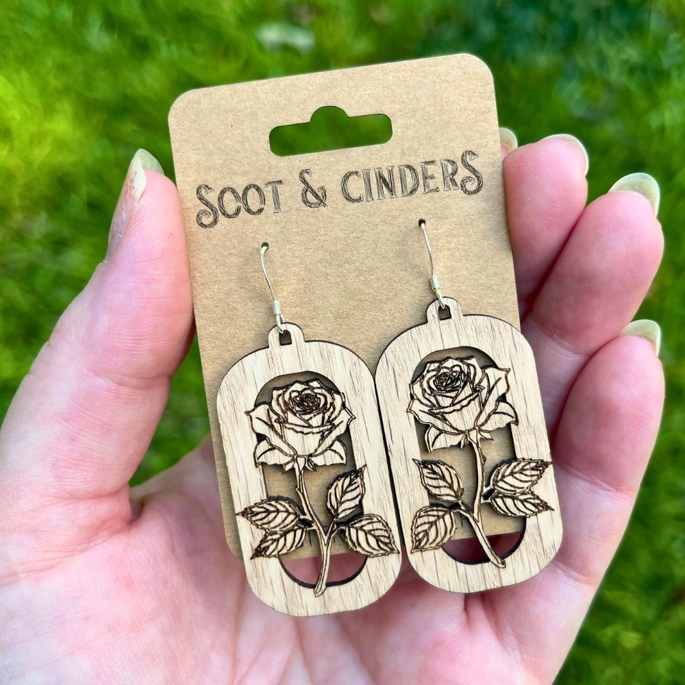 Rose Floating above Rectangular Frame | Red Oak Wood Sterling Silver Earrings