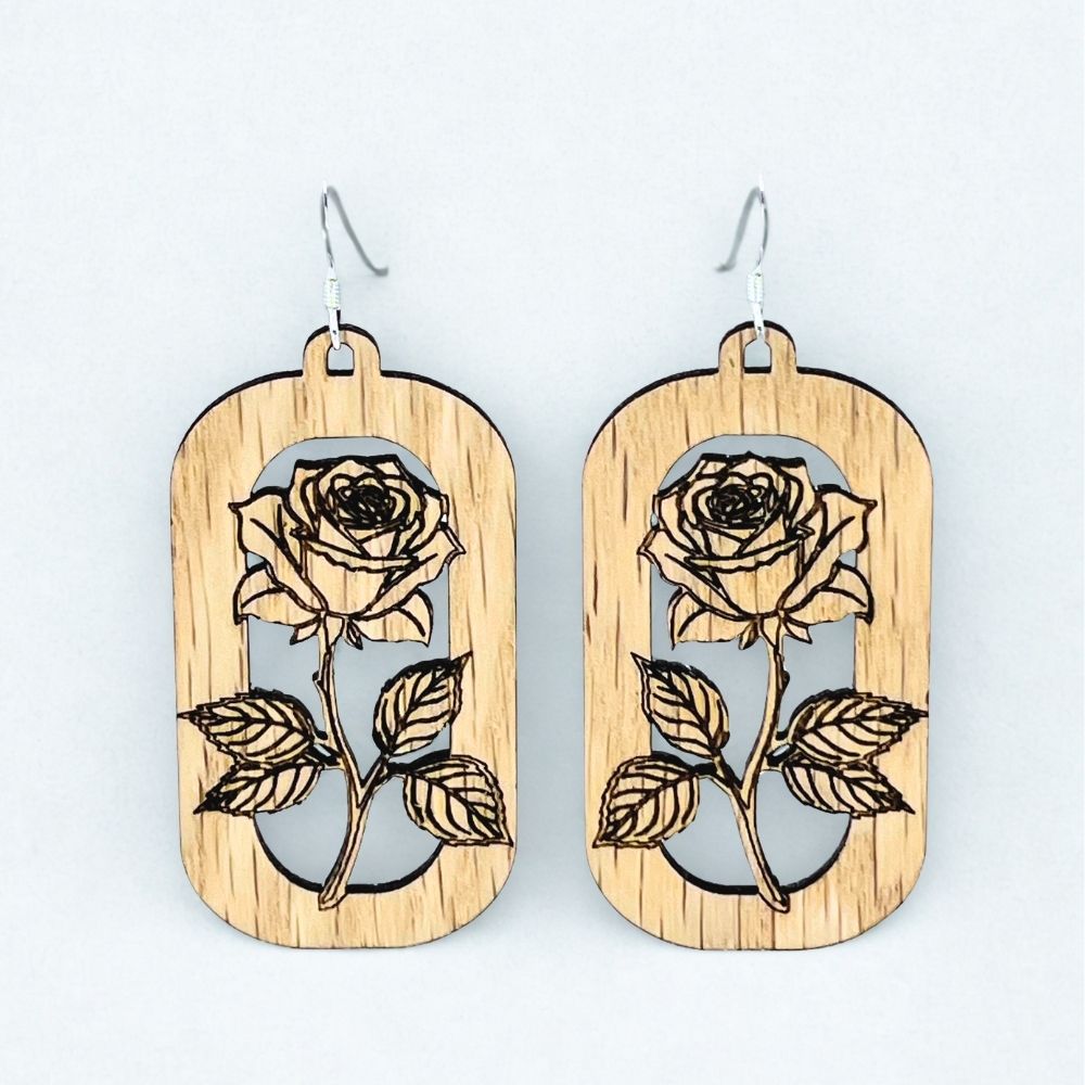 Rose Floating above Rectangular Frame | Red Oak Wood Sterling Silver Earrings