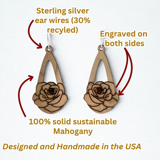 Infographic with information about Wooden rose earrings saying they use recycled sterling silver ear wires and 100% solid sustainable mahogany and that the earrings are engraved on both sides and designed and handmade in the usa