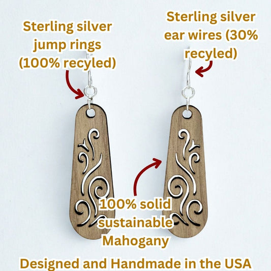 Whispering Winds (Mahogany and Recycled Sterling Silver Earrings)