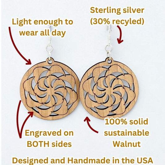 Twirly Whirlies (Walnut Wood and Recycled Sterling Silver Earrings)