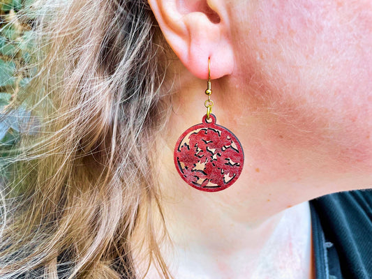 Shimmery Red Falling Leaves Light Glitter Wood Earrings with 18kt Gold-Plate Ear Hooks