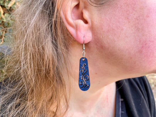 Denim Blue Stained Wind Swirl Cutout Wood Earrings