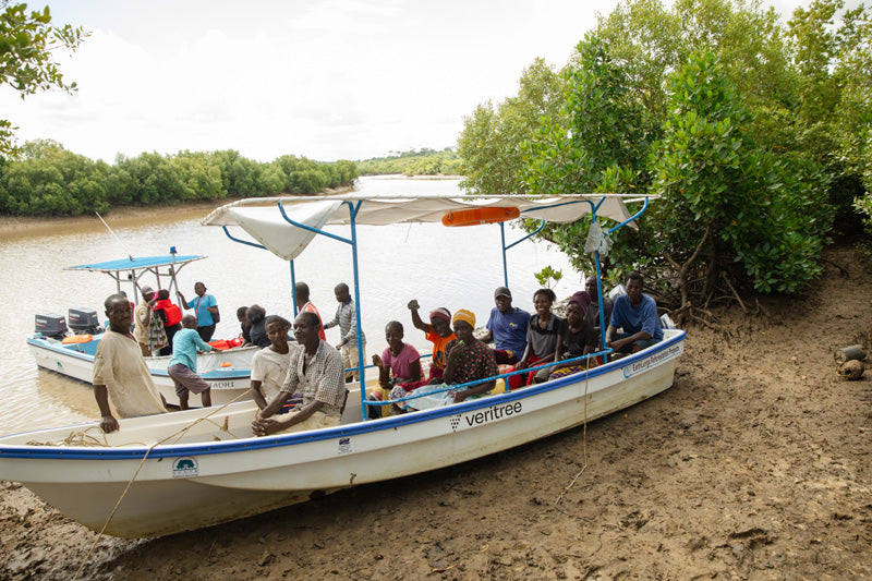 Group of people on a boat near the mangrove reforestation project on the coast of Kenya