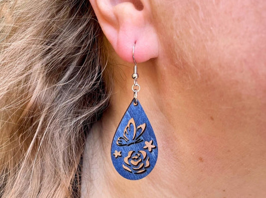 Denim Blue Butterfly Rose Teardrop Wood Earrings