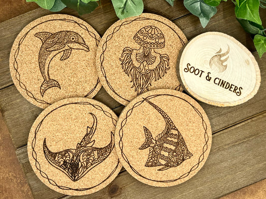 Ocean Animal Patterned Cork Beach Coasters, 4", 4 pack