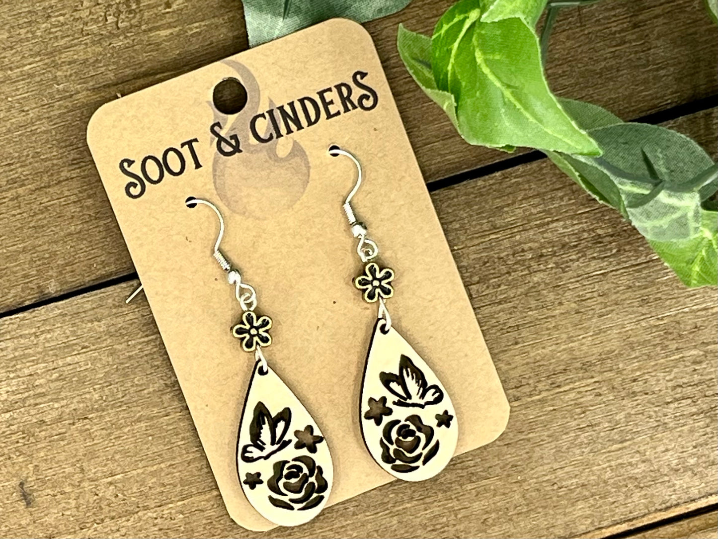 Butterfly, Rose, and Flowers Wood Teardrop Earrings