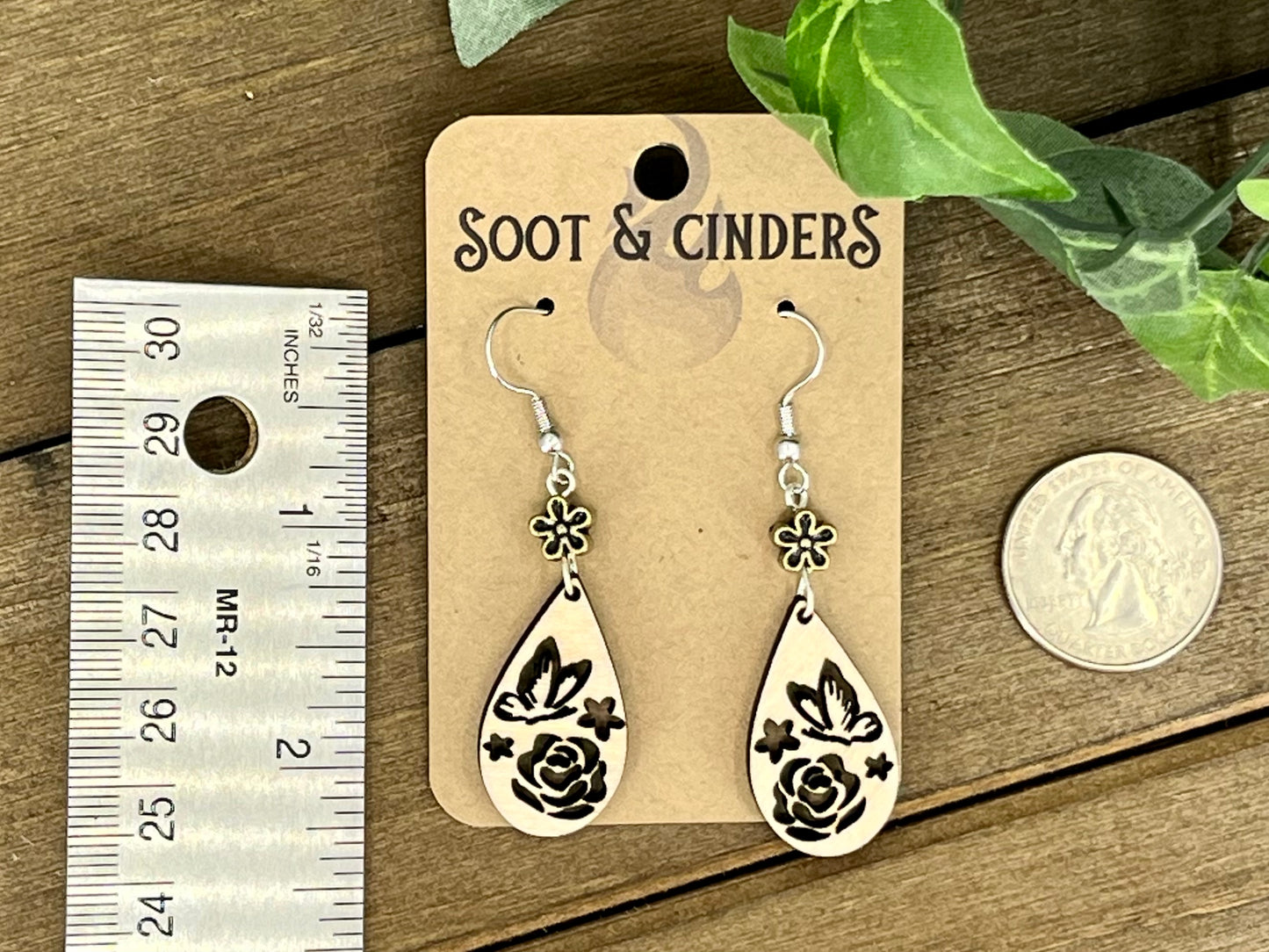 Butterfly, Rose, and Flowers Wood Teardrop Earrings