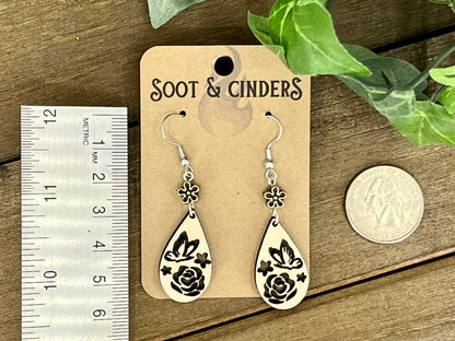 Butterfly, Rose, and Flowers Wood Teardrop Earrings