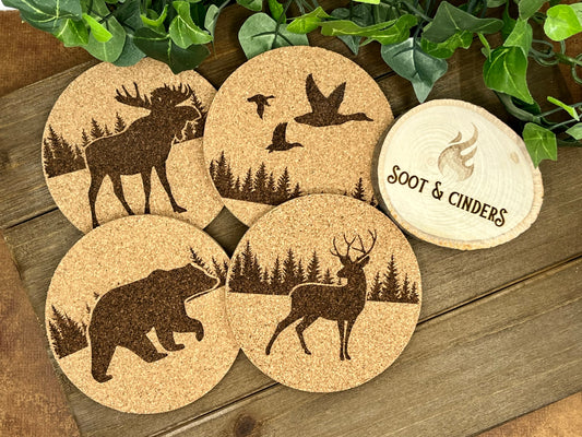 Forest Animal Cork Cabin Coasters, 4", 4 pack