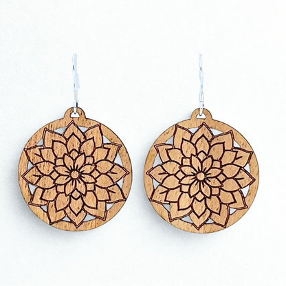 Stylized Flower in Circle | Cherry Wood Sterling Silver Earrings