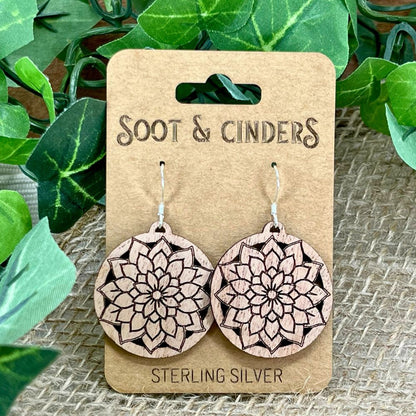 Stylized Flower in Circle | Cherry Wood Sterling Silver Earrings