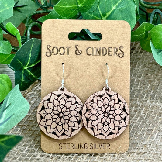 Stylized Flower in Circle | Cherry Wood Sterling Silver Earrings