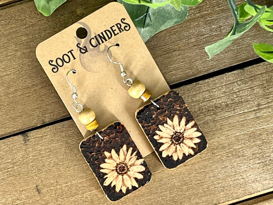 Daisy Hand Burned Rectangle Earrings