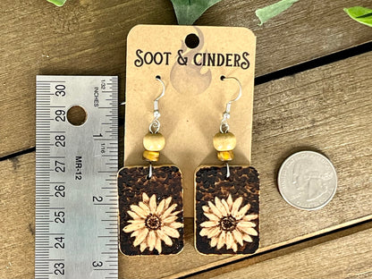 Daisy Hand Burned Rectangle Earrings