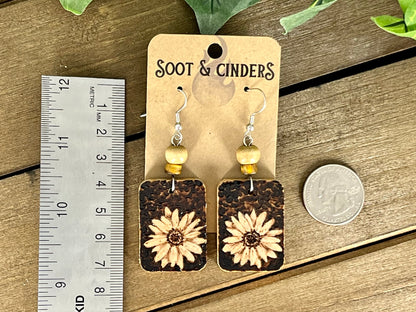 Daisy Hand Burned Rectangle Earrings