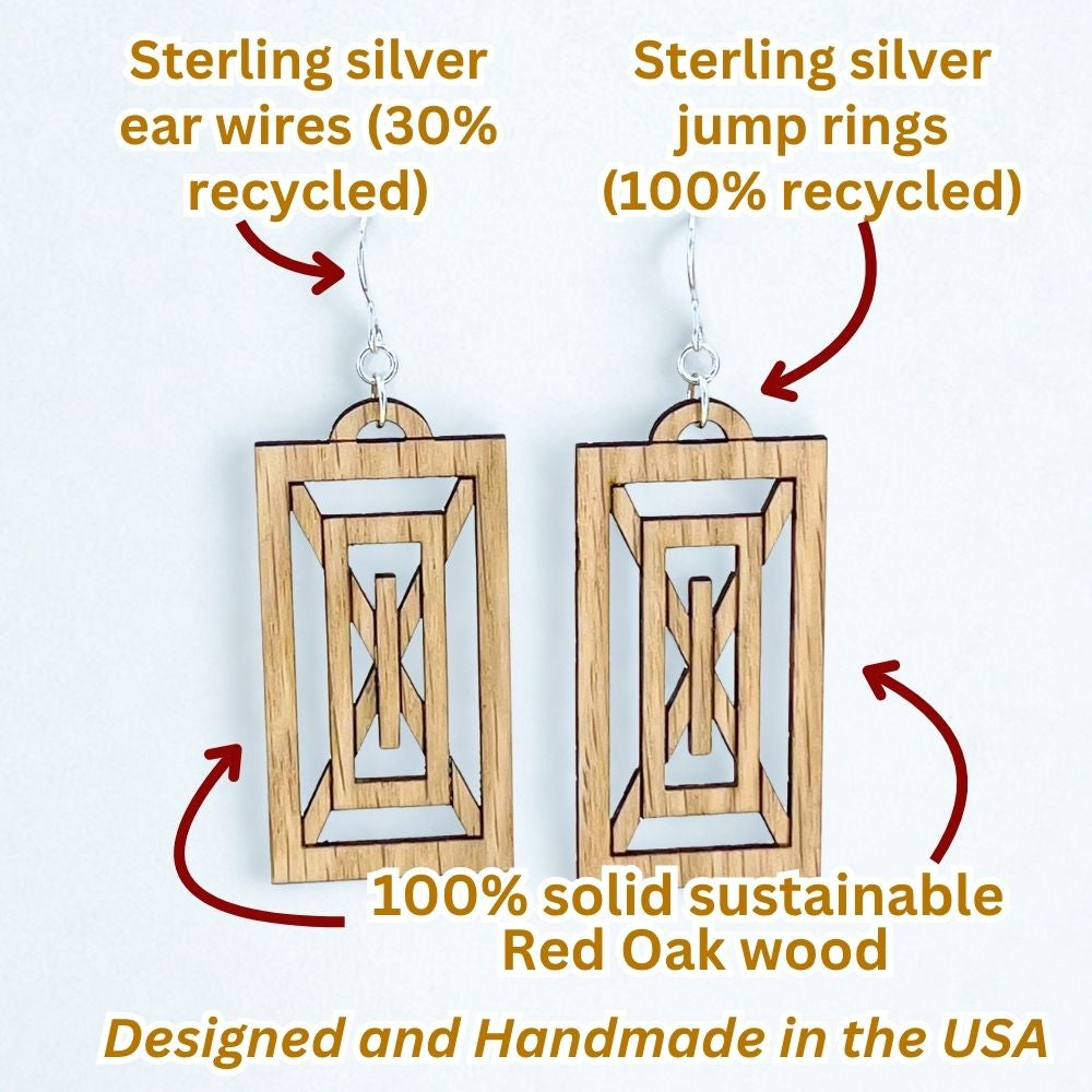 Infographic showing Wooden earrings with silver components on a white background. It says that the sterling silver components are 30% or 100% recycled, that the earrings are 100% solid sustainable red oak wood, and that they are designed and handmade in the USA.