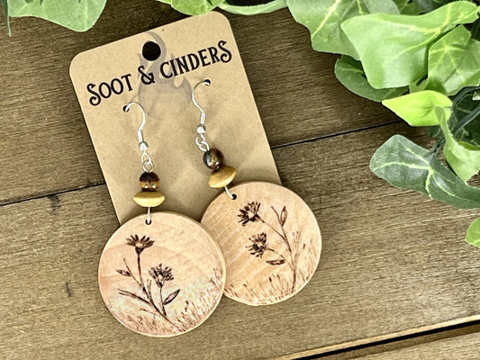 Delicate Flower Hand Burned Round Wood Earrings