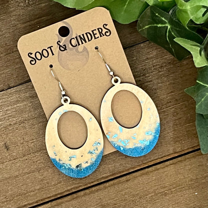 Blue Glitter Shimmer Foil Hand Painted Wood Earrings