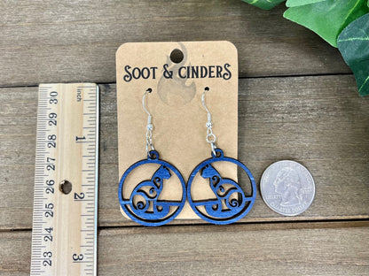 Blue Stained Filigree Cat Wood Earrings