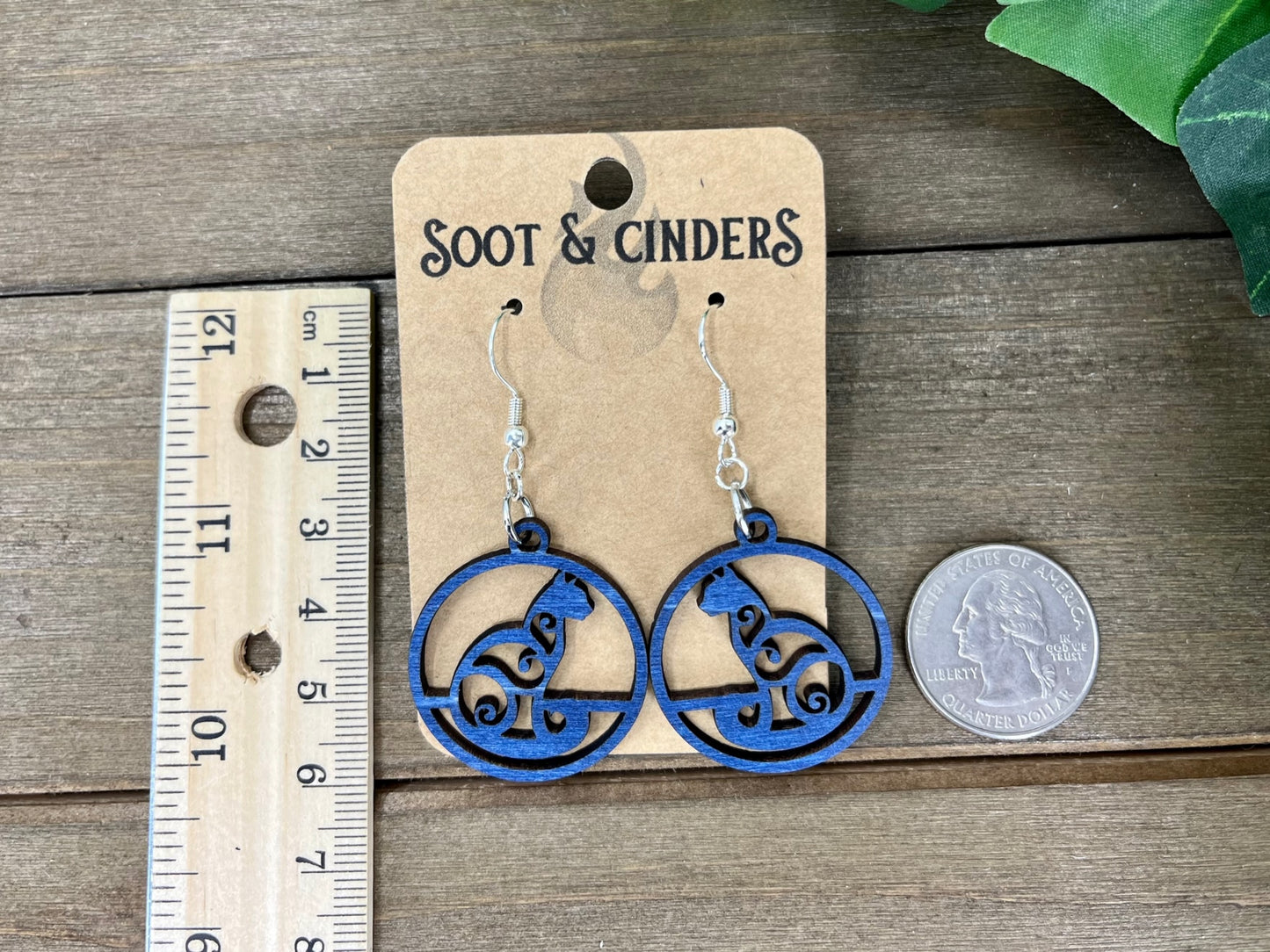 Blue Stained Filigree Cat Wood Earrings