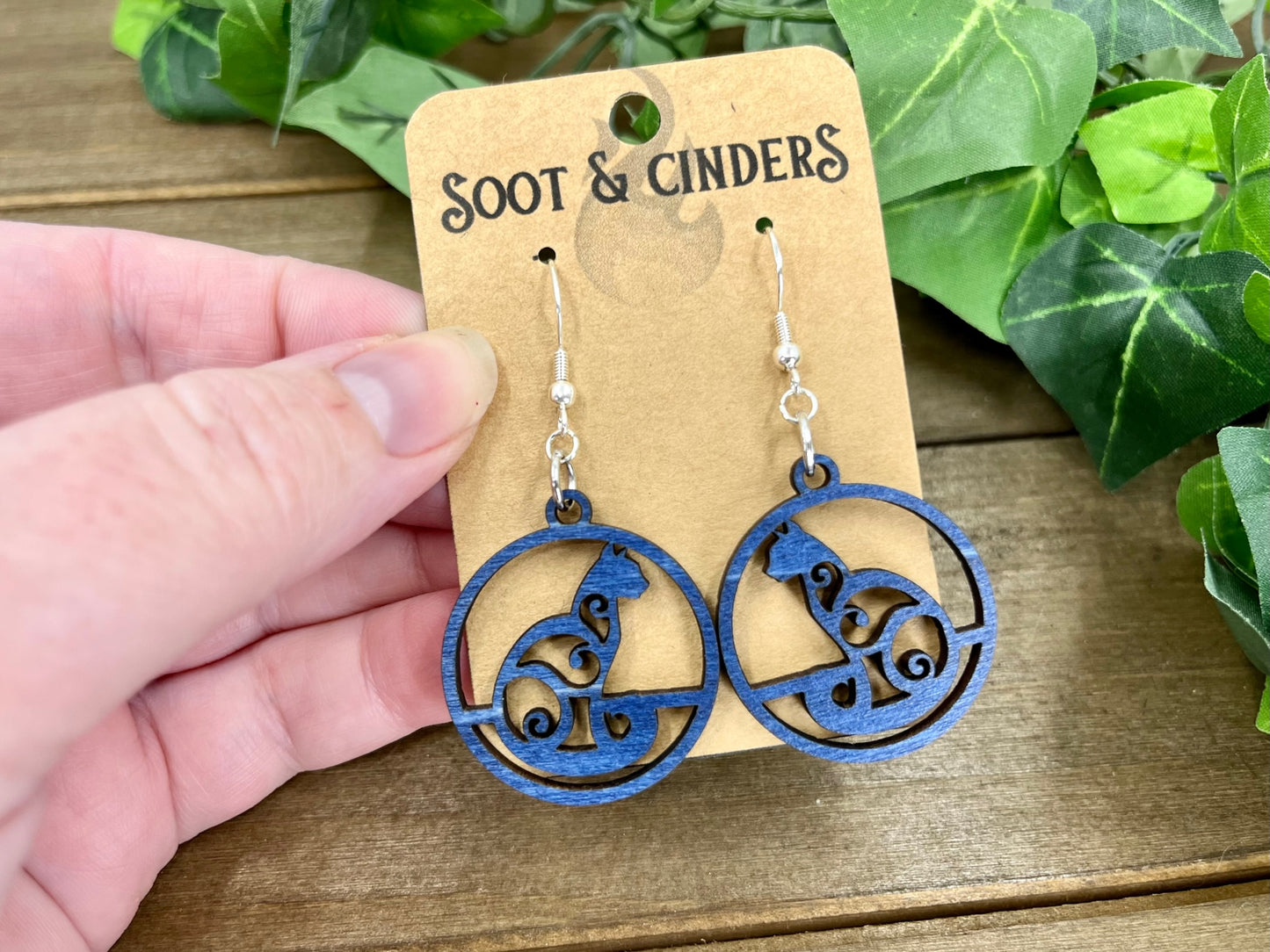 Blue Stained Filigree Cat Wood Earrings