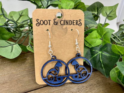 Blue Stained Filigree Cat Wood Earrings