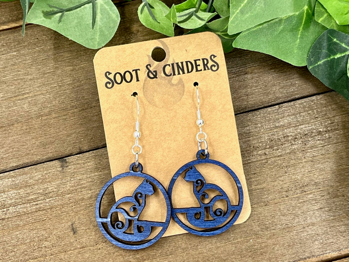 Blue Stained Filigree Cat Wood Earrings