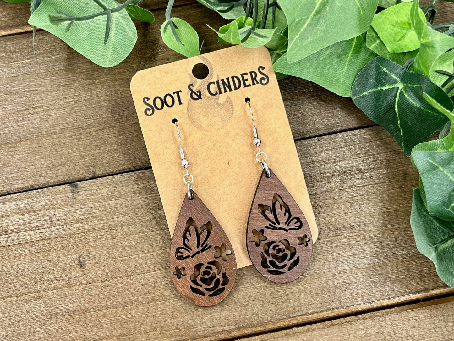 Brown Butterfly Rose Teardrop Earrings