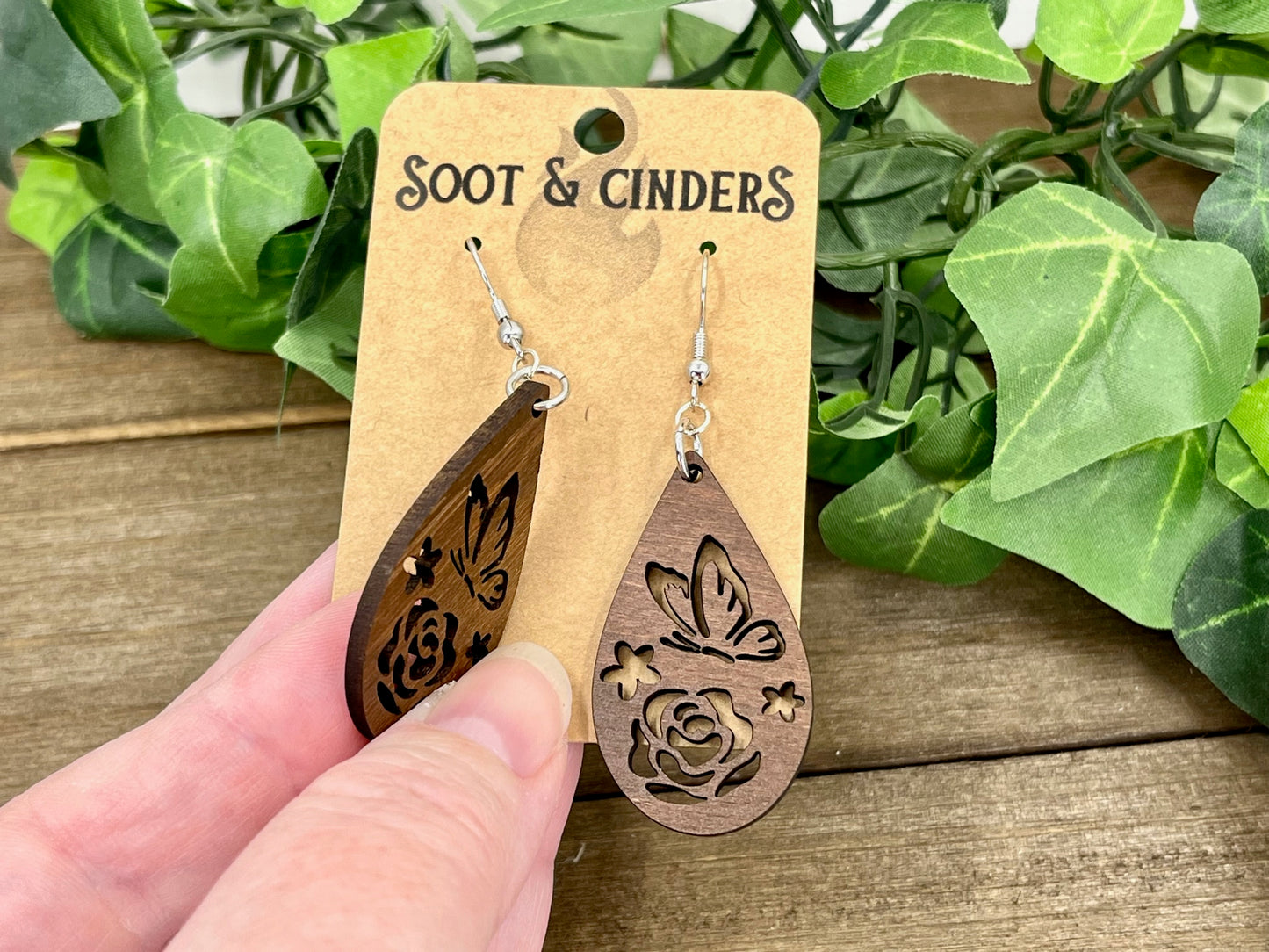 Brown Butterfly Rose Teardrop Earrings